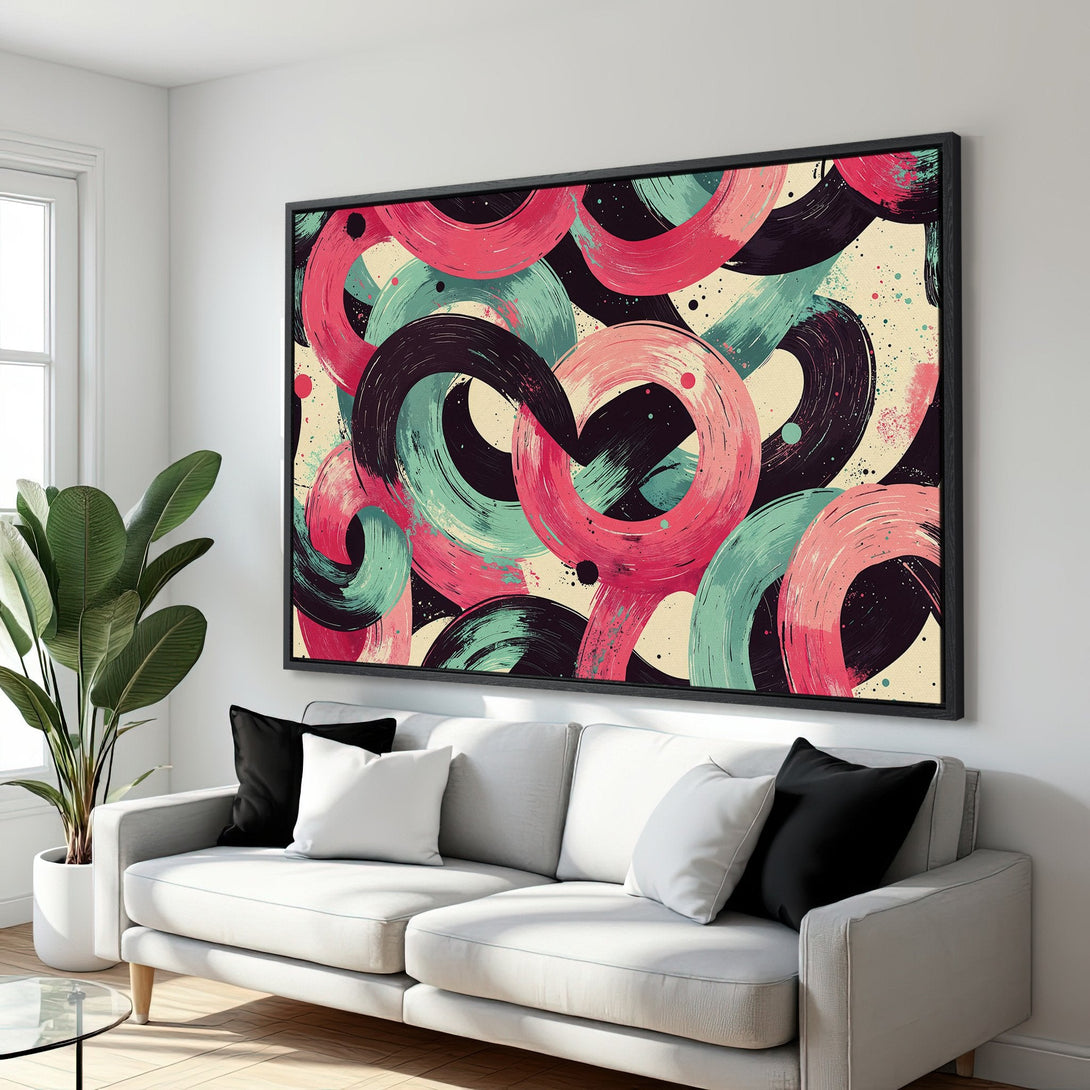 Framed Wall Art featuring abstract brushstroke circles in pink, teal, and black. Modern art for your home decor.