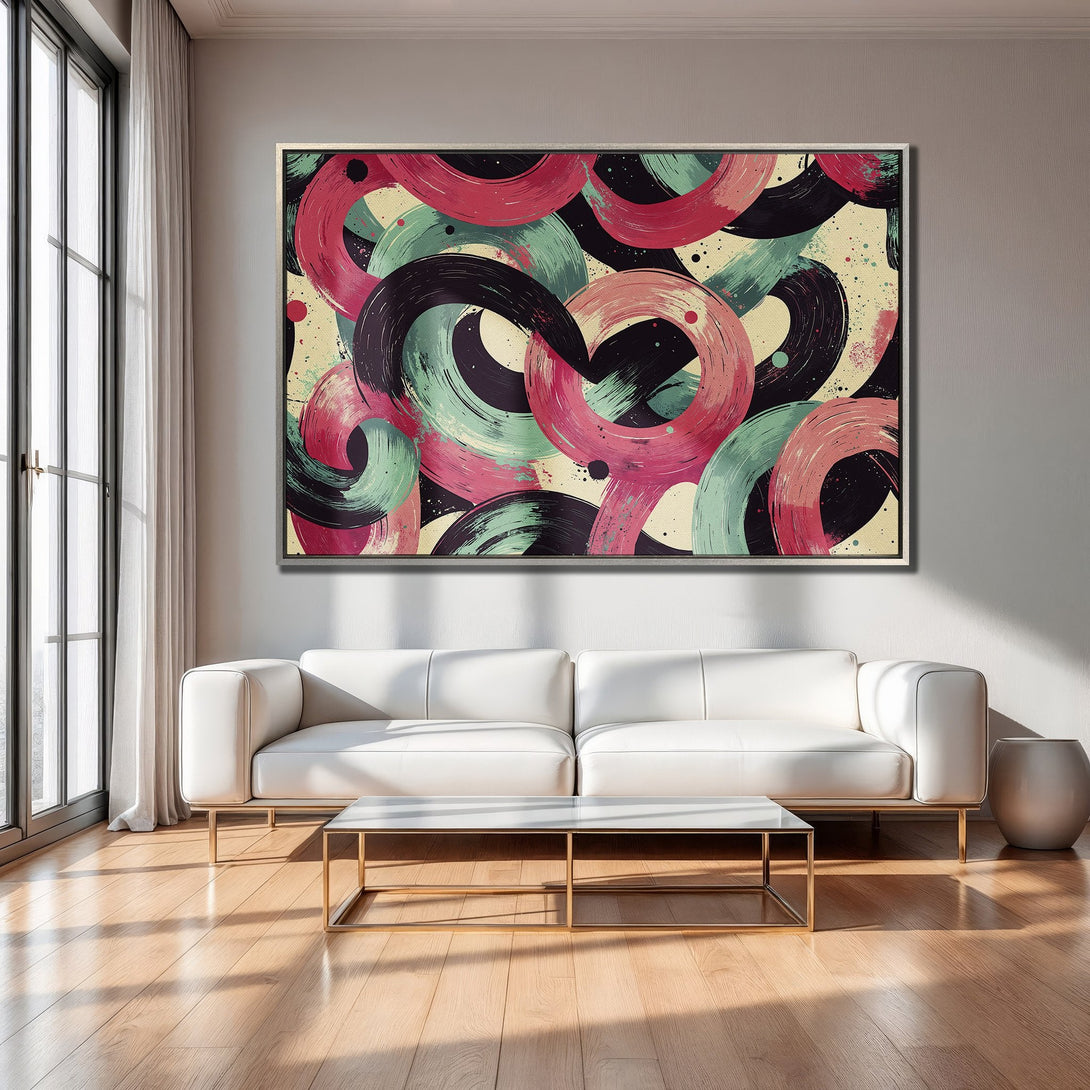 Framed Wall Art featuring abstract brushstroke circles in pink, teal, and black. Modern art for living room decor.