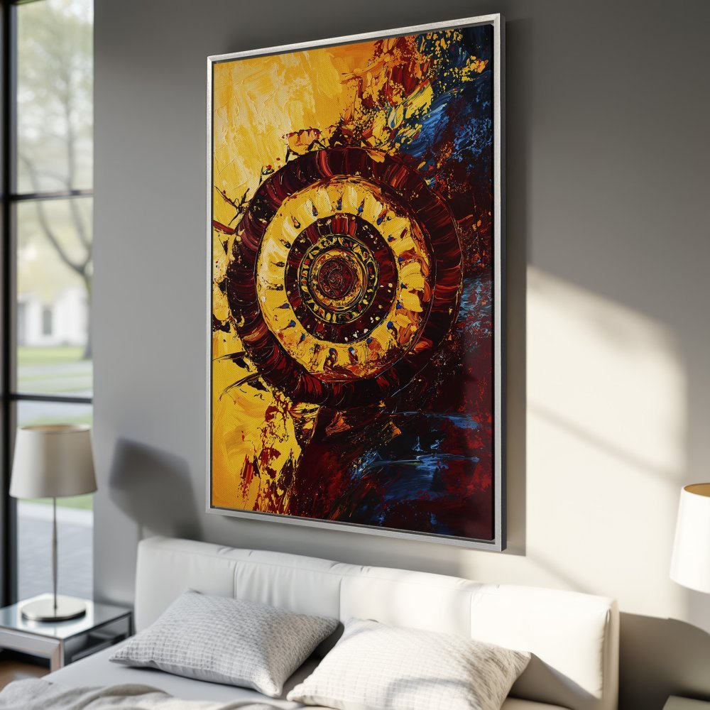 Framed Wall Art: Abstract spiral design in warm yellow, red, and blue tones. Elevate your space with this stunning Canvas Print!