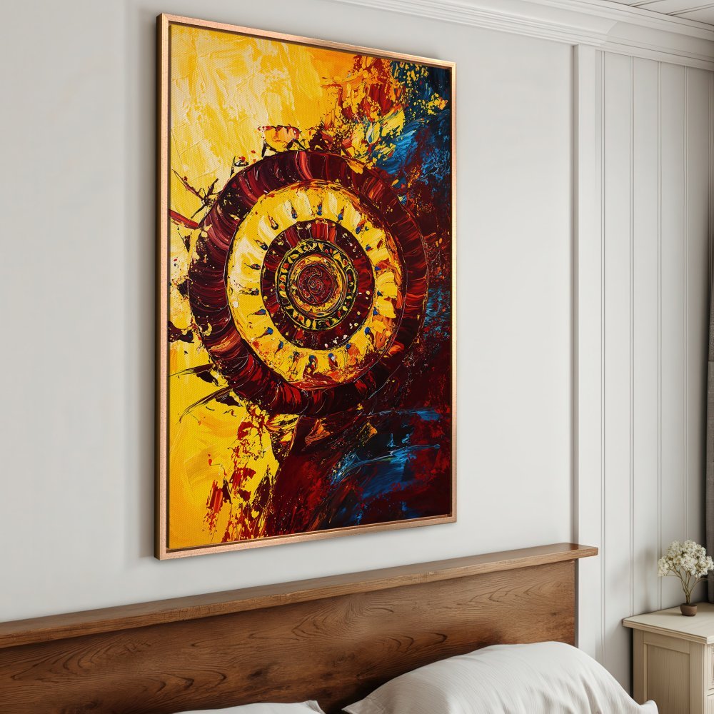 Framed Wall Art: Abstract spiral art in warm yellow, red, and blue tones. Modern canvas print for a vibrant home decor upgrade.