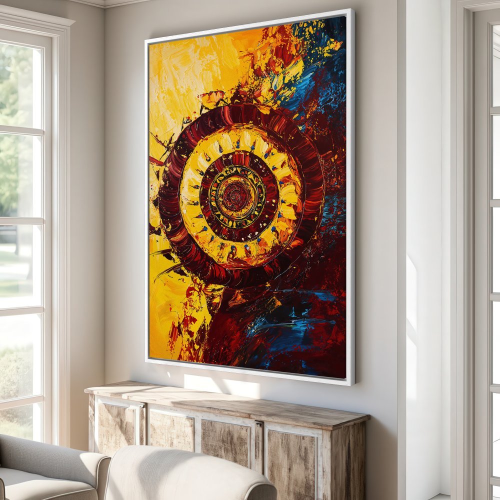 Framed Wall Art: Abstract spiral art in vibrant yellow, red, and blue. Add a pop of color with this stunning canvas print!