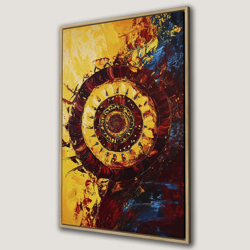 Framed Wall Art: Abstract spiral painting in vibrant yellow, red, and blue. Modern canvas print for bold wall decor.