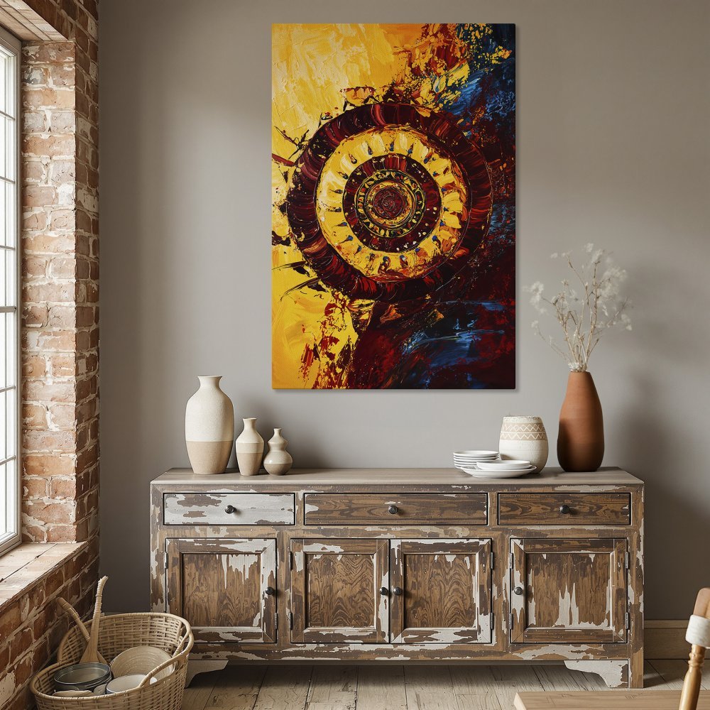 Framed Wall Art: Abstract spiral painting in warm yellow, red, and blue tones. Perfect for dining room decor. Shop our Canvas Print collection today!