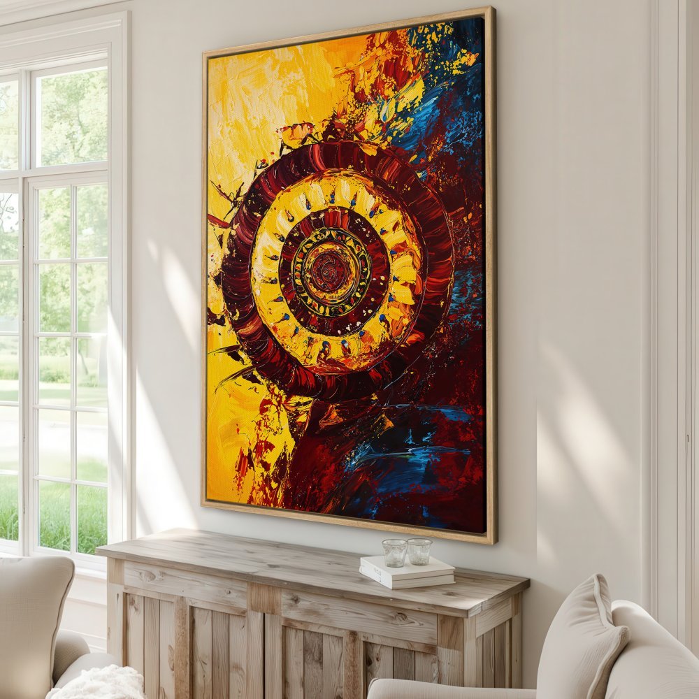 Framed Wall Art: Abstract spiral design in vibrant yellow, red, and blue hues. Elevate your space with this bold Canvas Print!