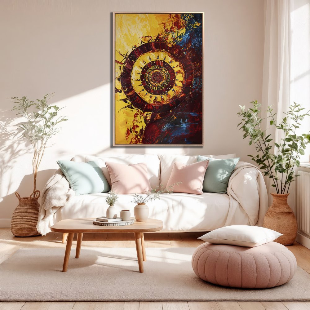 Framed Wall Art: Abstract spiral design in warm yellow, red, and blue tones. Modern canvas art adds a pop of color to any living room.