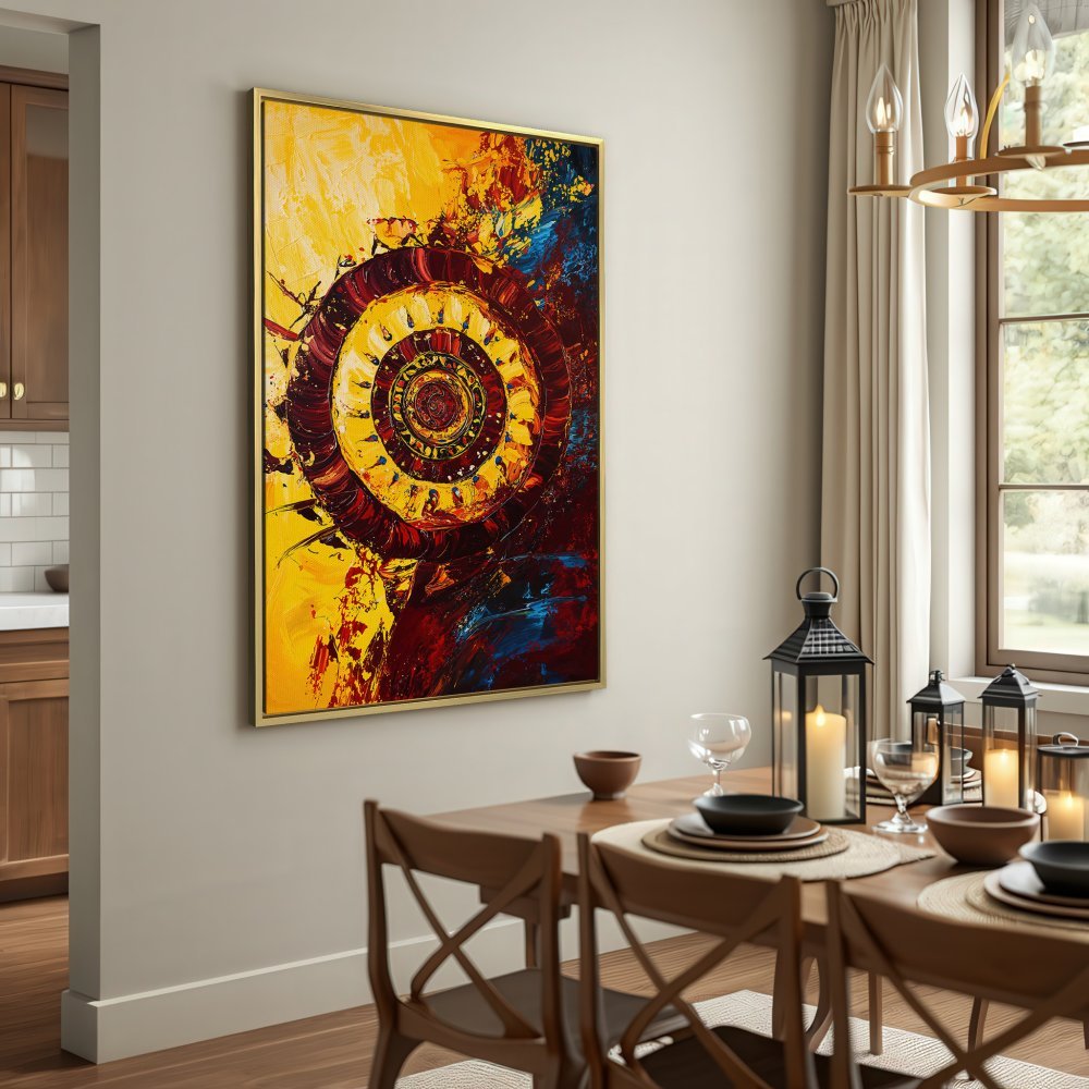 Abstract Canvas Print with spiral design in yellow, red, and blue. Add vibrant art to your home!