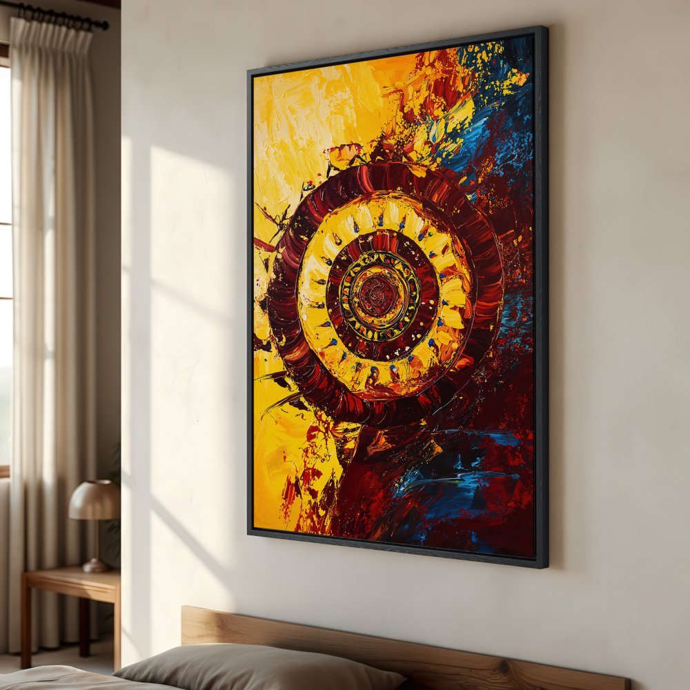 Framed Wall Art: Abstract spiral art in vibrant yellow, red, and blue hues. Add a pop of color and style to your space with this stunning canvas print!