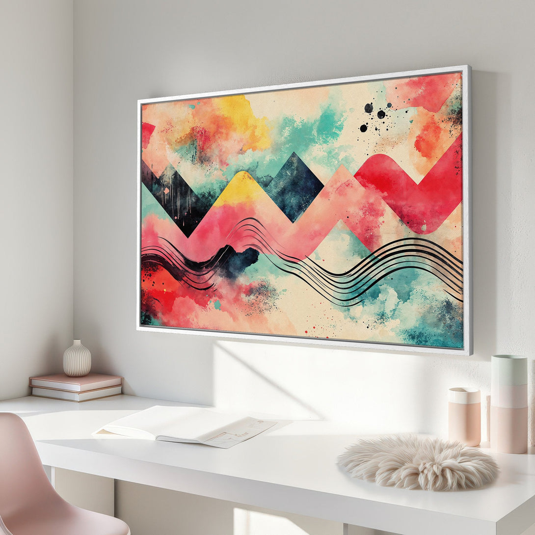 Framed Wall Art: Abstract watercolor art print with a colorful palette of red, teal, yellow, and black. Modern art for your home decor.