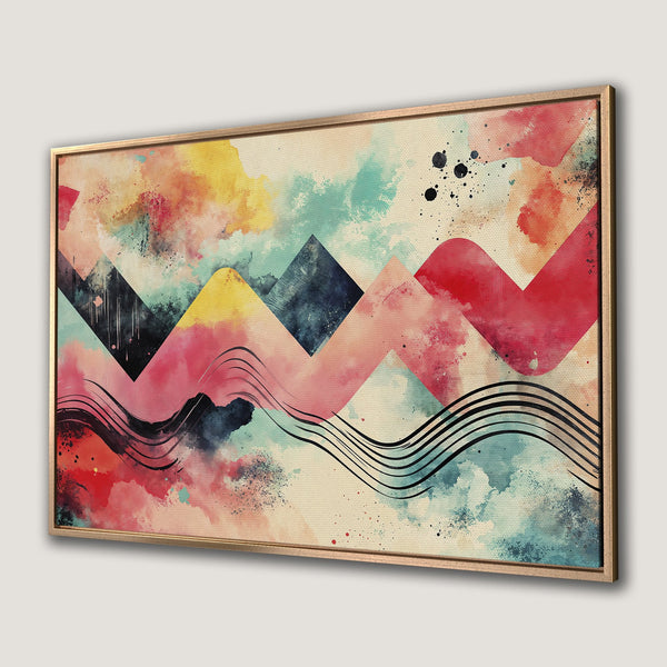 Abstract Canvas Print with colorful watercolor mountains and a gold frame. Perfect wall art for modern decor.
