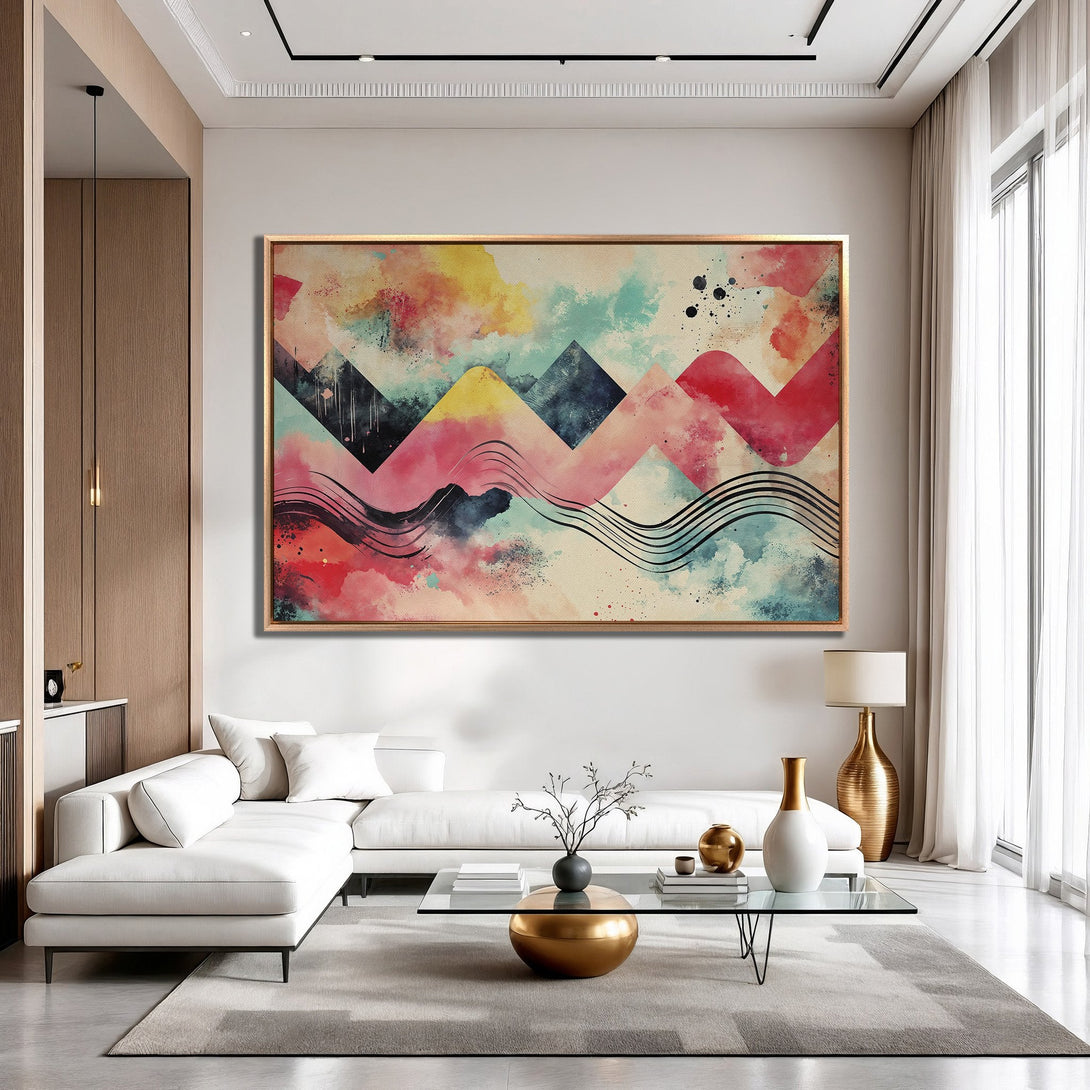 Framed Wall Art featuring abstract mountain landscape in watercolor style. Vibrant pink, yellow, and teal color palette adds a modern touch to any interior.