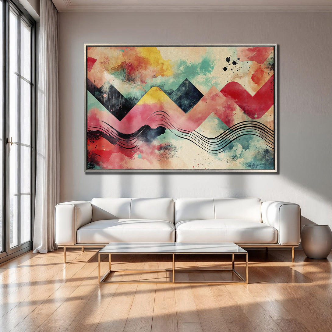 Framed Wall Art: Abstract watercolor art with a vibrant, colorful palette of red, yellow, and teal. Modern design for living room decor.
