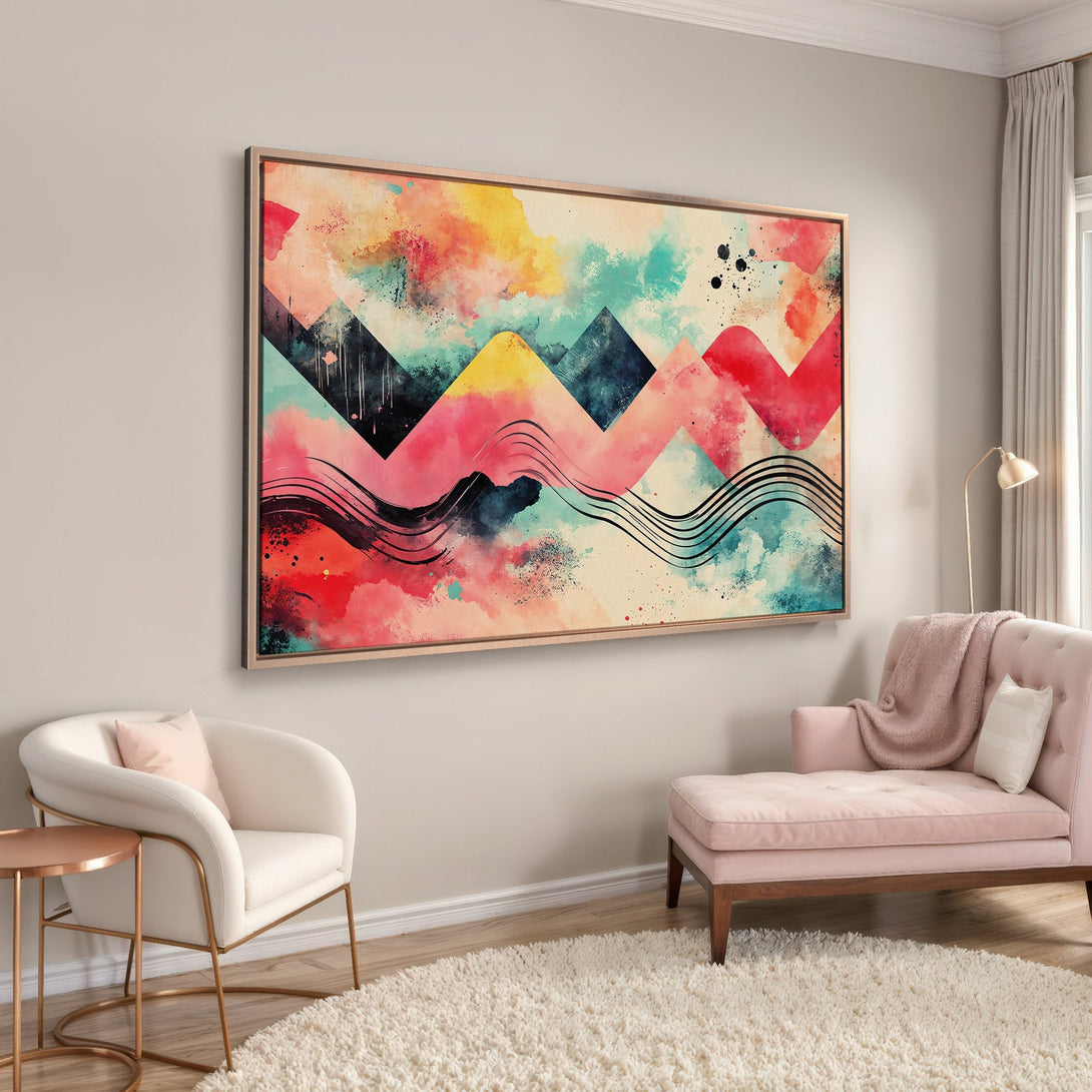 Abstract Canvas Print with vibrant watercolor style art, featuring a colorful palette of pink, yellow, and teal. Modern wall decor.