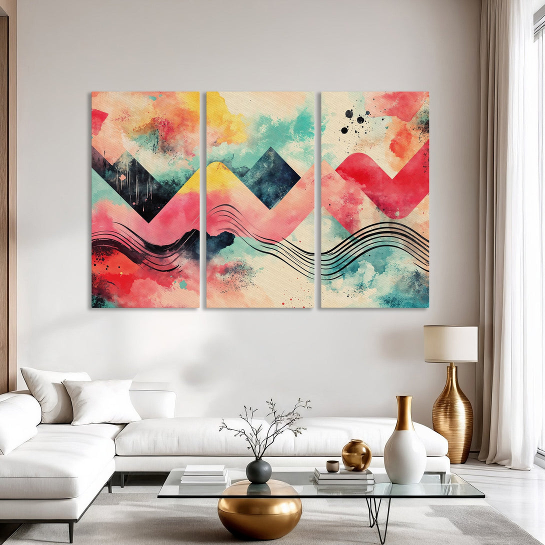 Abstract Canvas Print triptych in watercolor style. Features vibrant colors of red, yellow, and teal, perfect for modern home decor.