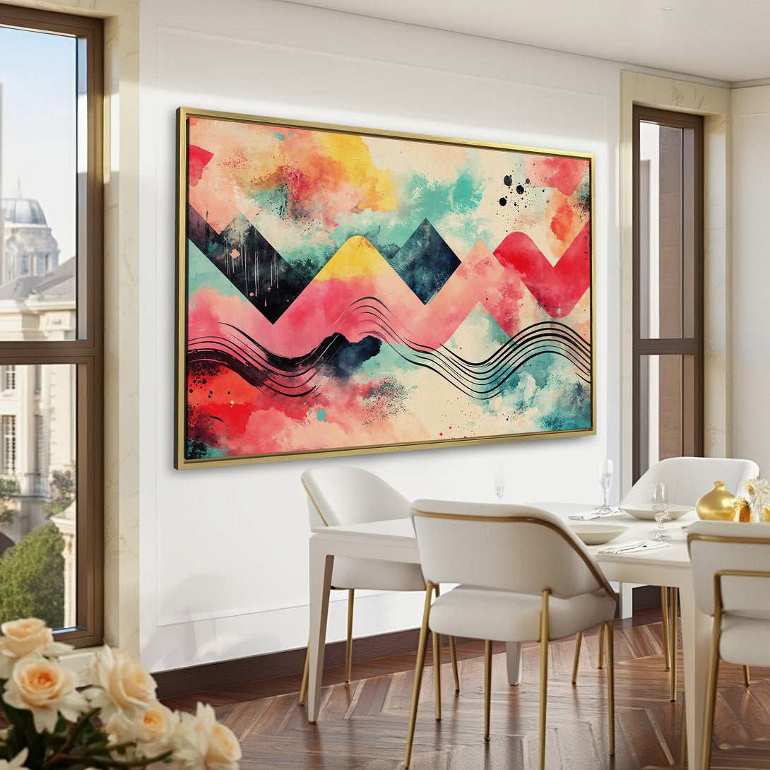 Abstract Canvas Print with watercolor style, featuring mountains and waves in a vibrant pink, yellow, and teal color palette. Perfect for modern decor.