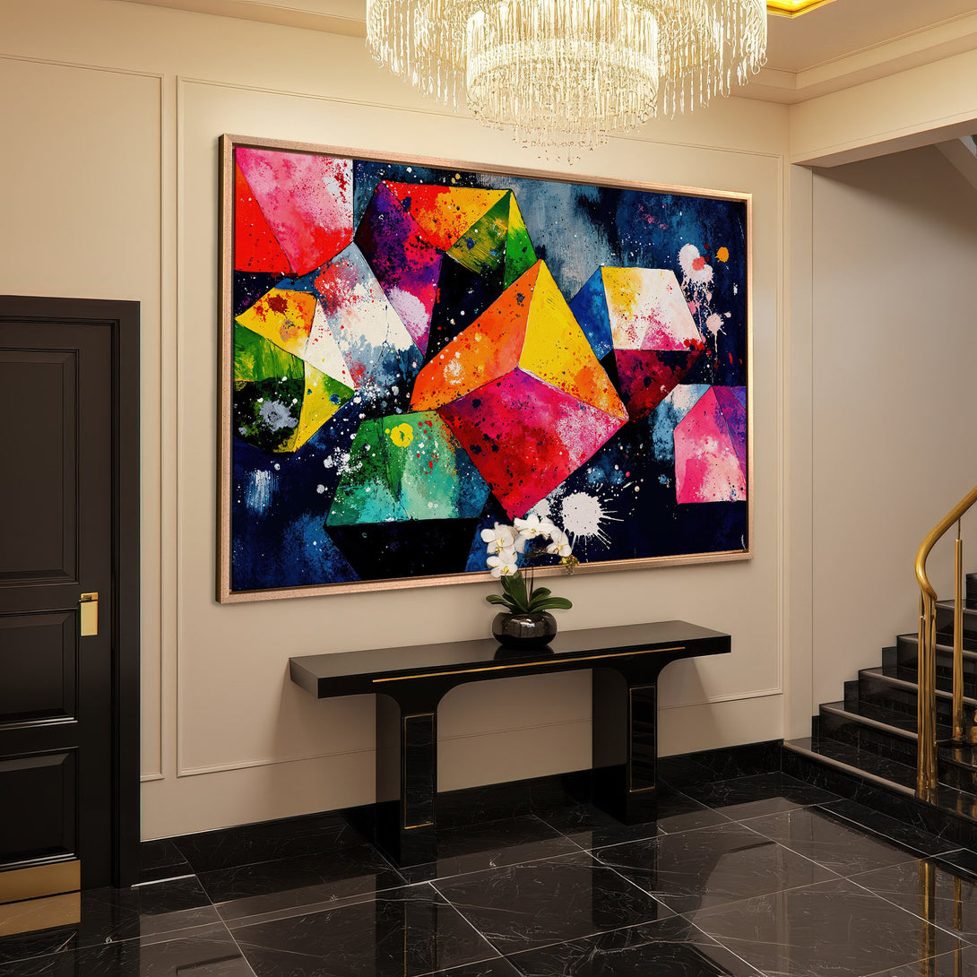 Framed Wall Art: Abstract geometric art with vibrant colors. Modern canvas print adds a pop of color to any interior. Shop now!