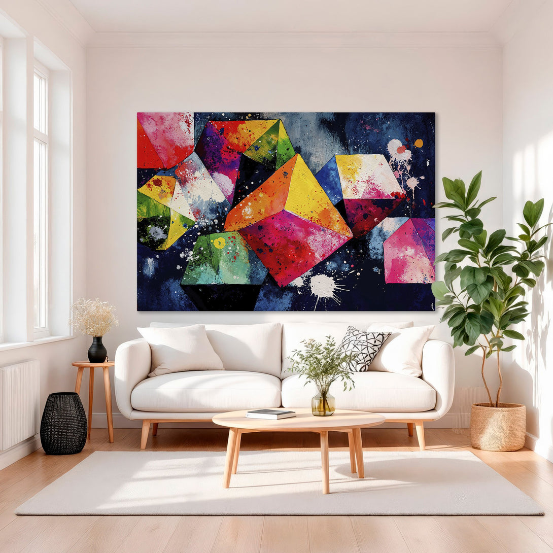 Framed Wall Art featuring abstract geometric shapes in vibrant colors, perfect for modern home decor. Eye-catching canvas print with a bold, colorful palette.