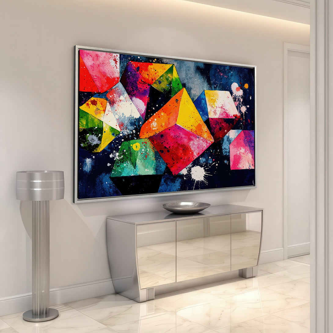 Framed Wall Art: Abstract geometric art in vibrant colors. Modern Canvas Print adds a splash of color to any space. Shop now for unique wall decor!