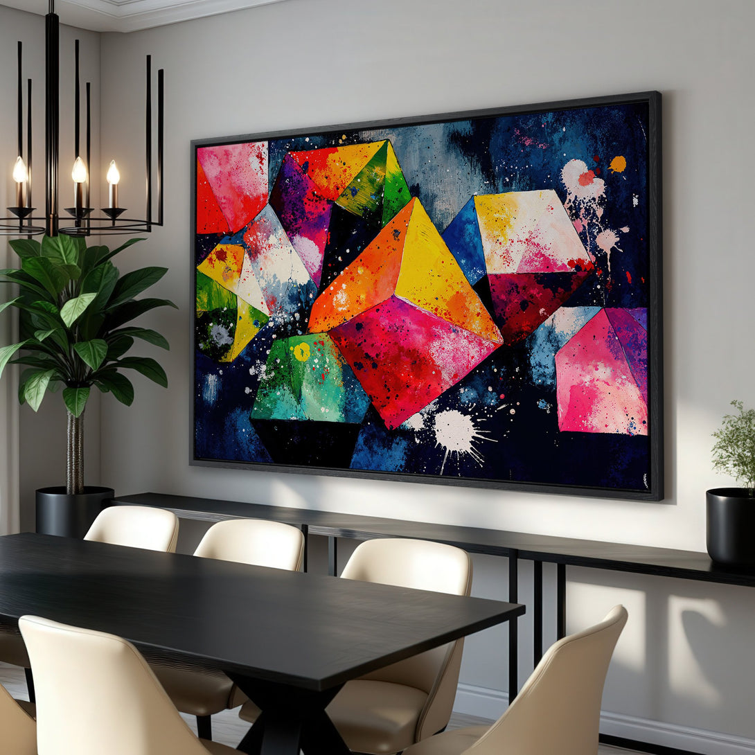 Framed Wall Art: Abstract geometric canvas print with vibrant colors (red, yellow, blue) in a modern dining room. Elevate your space with bold art!