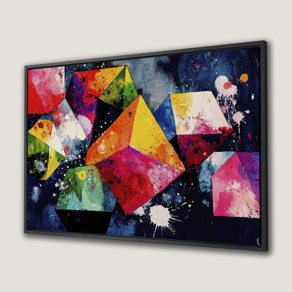 Framed Wall Art: Abstract geometric art in vibrant colors of red, yellow, blue, and green. Modern canvas print for a pop of color.