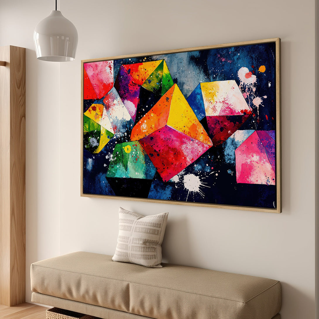 Framed Wall Art: Abstract geometric art print with vibrant colors. Modern style canvas print featuring a colorful, bold, and eye-catching design.