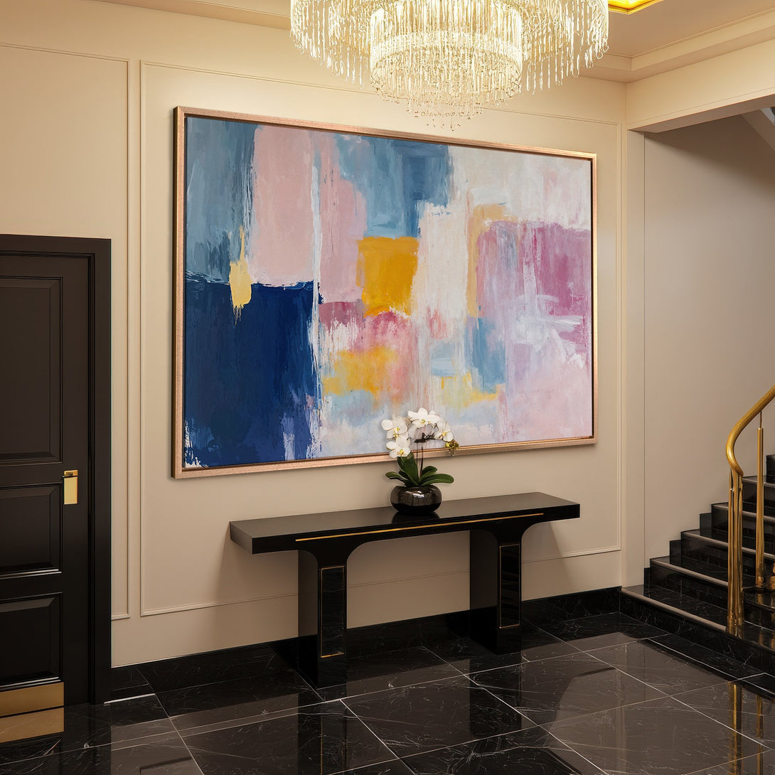Framed Wall Art: Abstract Canvas Print with blue, pink, and yellow hues. Modern art for a stylish entryway. Shop now!