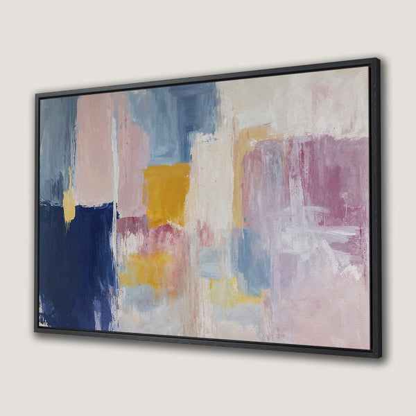 Framed Wall Art: Abstract art Canvas Print in pastel colors. Modern art with blues, pinks, yellows, and white. Perfect for adding a pop of color!
