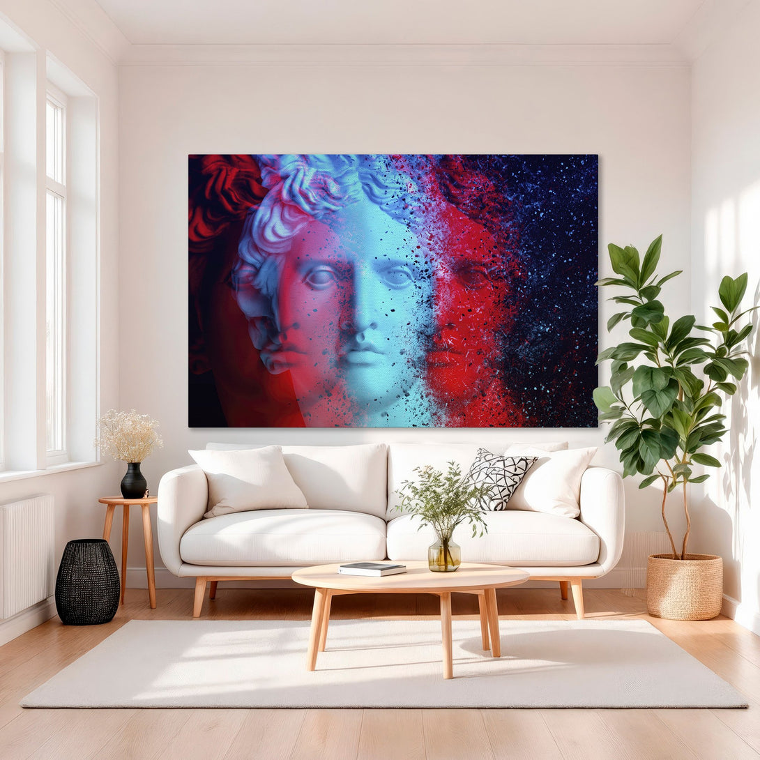 Framed Wall Art: Glitch art portrait in red & blue hues. Modern canvas print of a classic sculpture adds a bold statement to any interior.