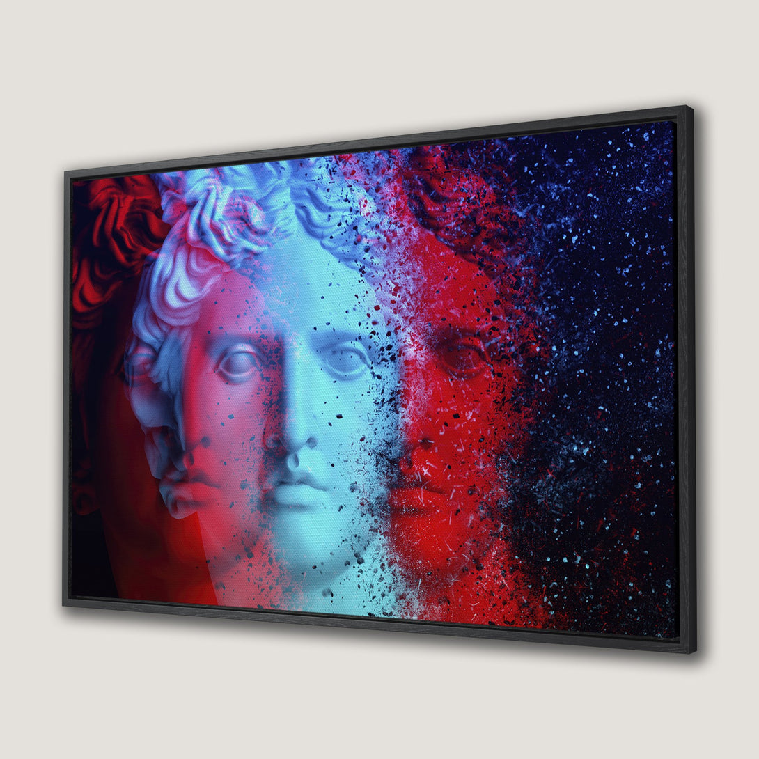 Framed Wall Art featuring a vibrant, abstract portrait of a classical statue in red and blue. Modern art for your home decor.