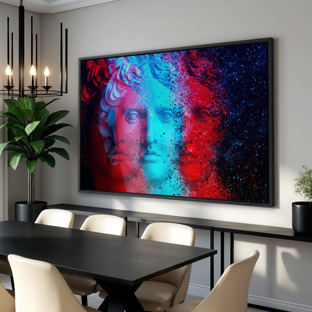 Framed Wall Art featuring a vibrant, abstract bust in red and blue hues. Modern art for your dining room.