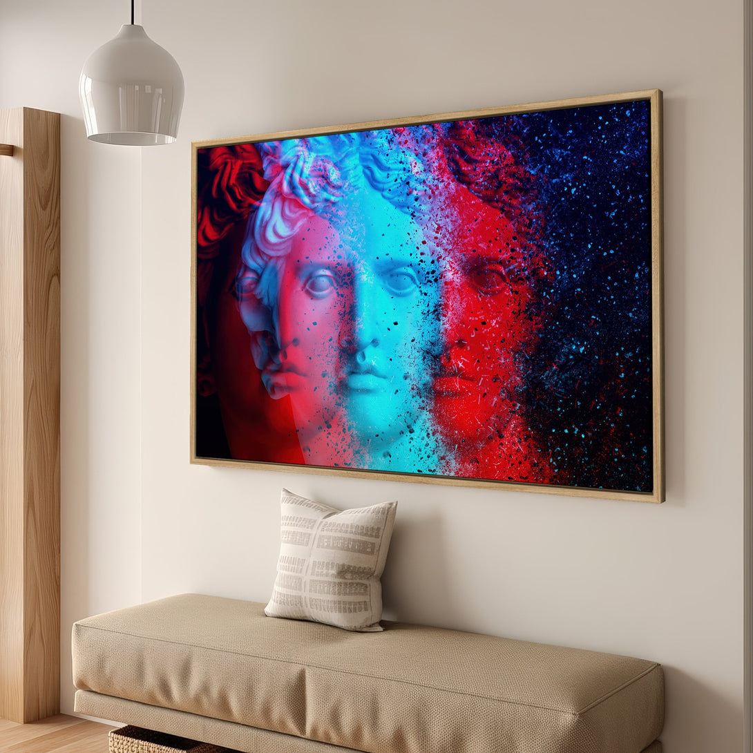 Framed Wall Art featuring a vibrant, abstract portrait of a classical statue in red and blue hues. Modern art for stylish home decor.