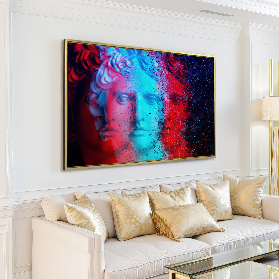 Canvas Print featuring a vibrant, modern art style of a classical bust in red and blue hues, perfect for any interior.