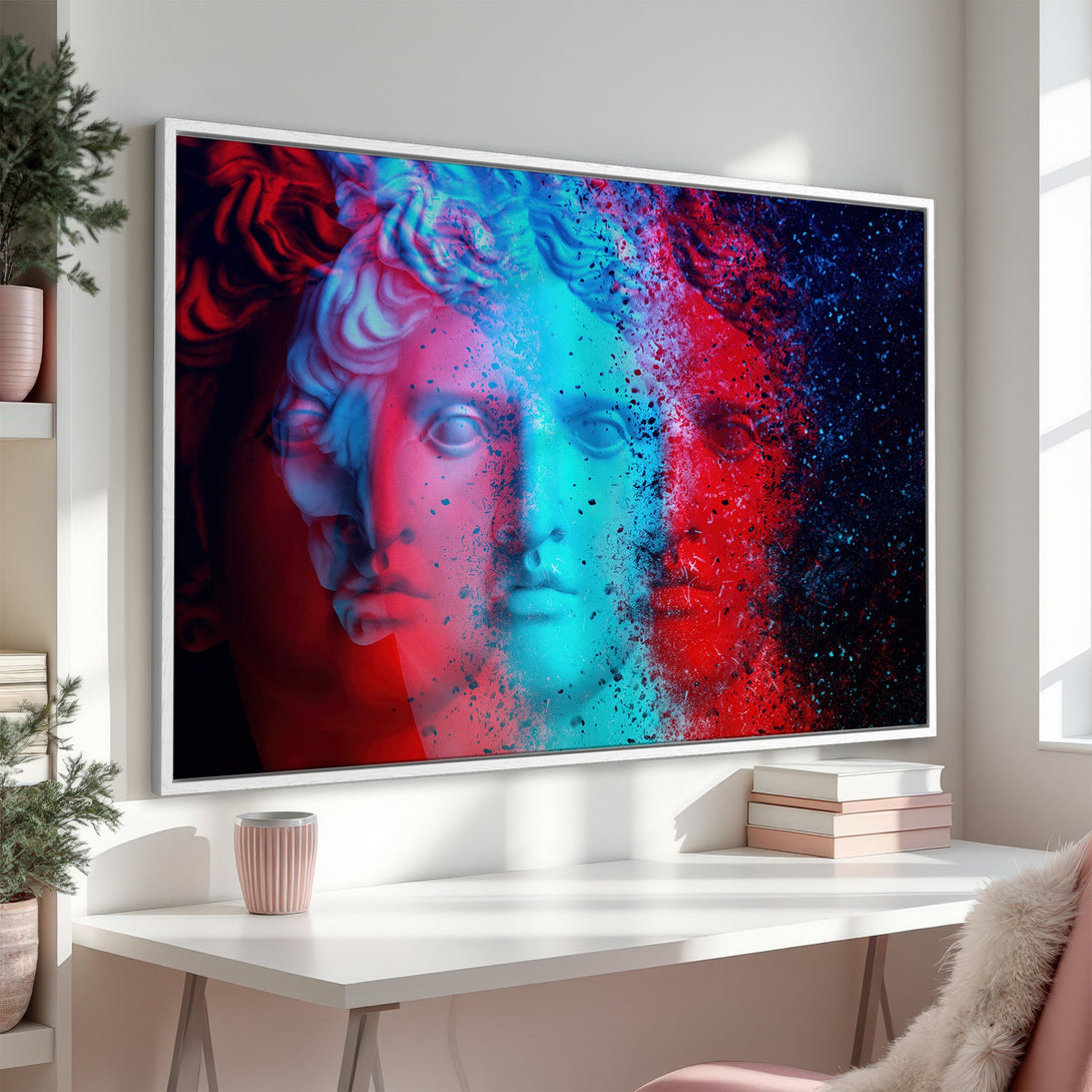 Framed Wall Art featuring a vibrant, abstract portrait of a classical sculpture in red, blue, and teal. Modern art for your home decor.