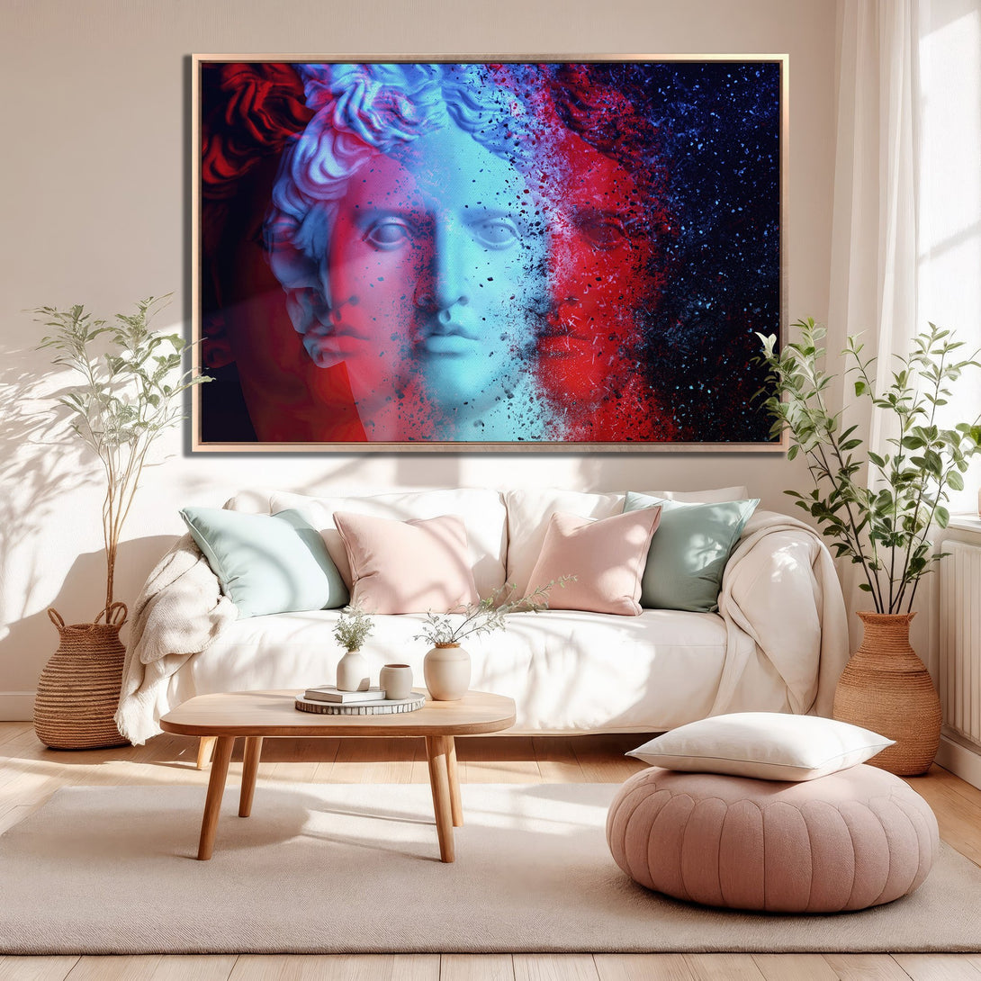 Framed Wall Art featuring a vibrant, abstract portrait of a classical statue in red and blue hues, perfect for modern home decor.