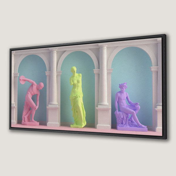 Framed Wall Art featuring colorful classical statues in a modern, pastel style. Perfect for adding a pop of art to any space!