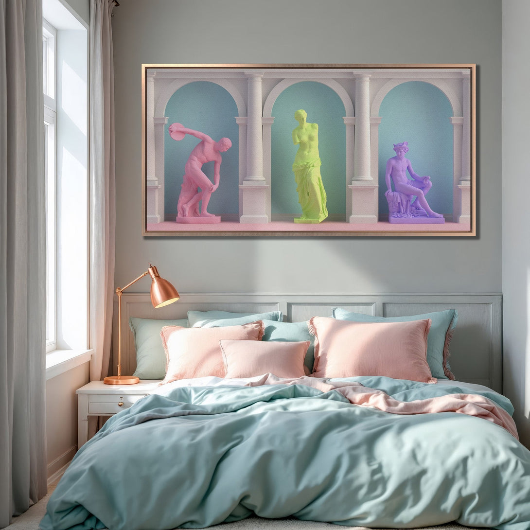 Framed Wall Art: Modern Canvas Print featuring colorful Greek statues in a bedroom. Pastel color palette adds a touch of elegance and style.