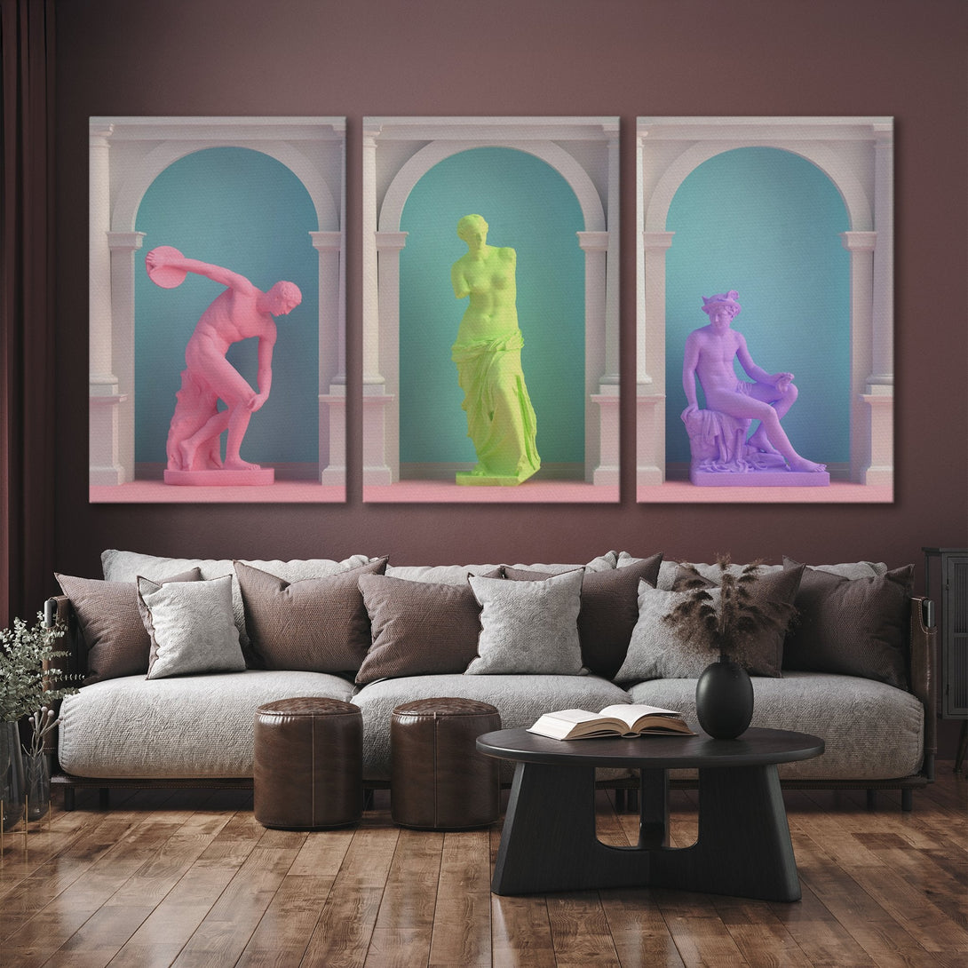 Canvas Print set of colorful Greek statues. Modern art with pastel color palette, perfect for living room decor.