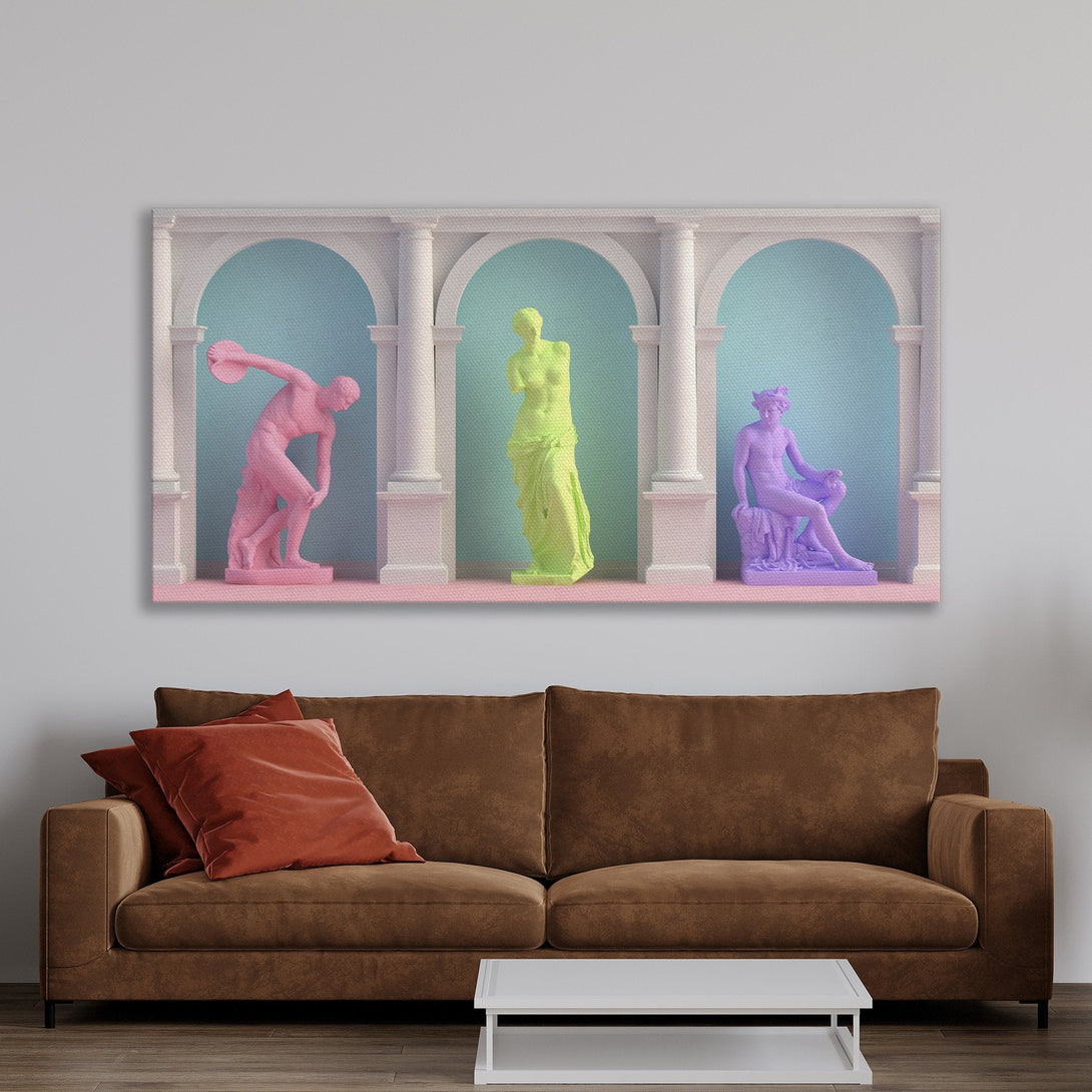 Framed Wall Art featuring vibrant neon statues in an archway. Modern art with a pastel color palette, perfect for adding a pop of color to any space.