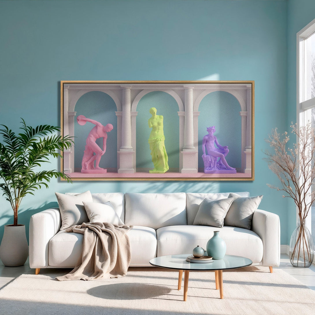 Framed Wall Art featuring vibrant neon statues. Modern art print with a pastel color palette, perfect for adding a pop of color to your home decor.