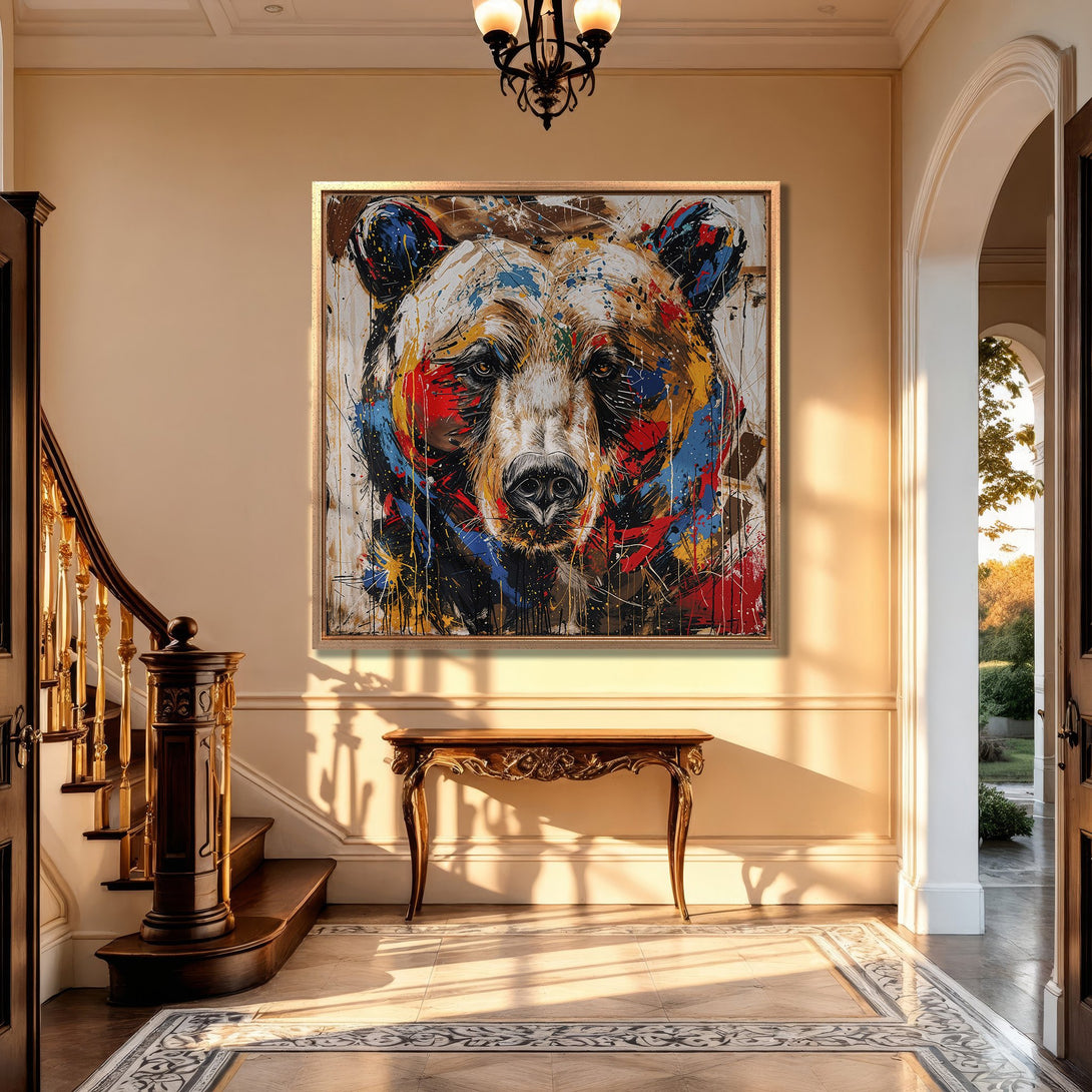 Framed Wall Art: Abstract bear portrait in vibrant colors. Modern art canvas print adds bold style to any space. Shop now for stunning wall decor!