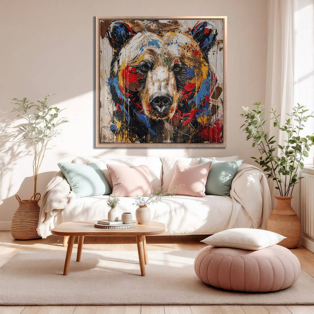 Framed Wall Art featuring a vibrant bear portrait in an abstract style. Colorful palette of reds, blues, yellows, and browns. Perfect for modern living rooms.