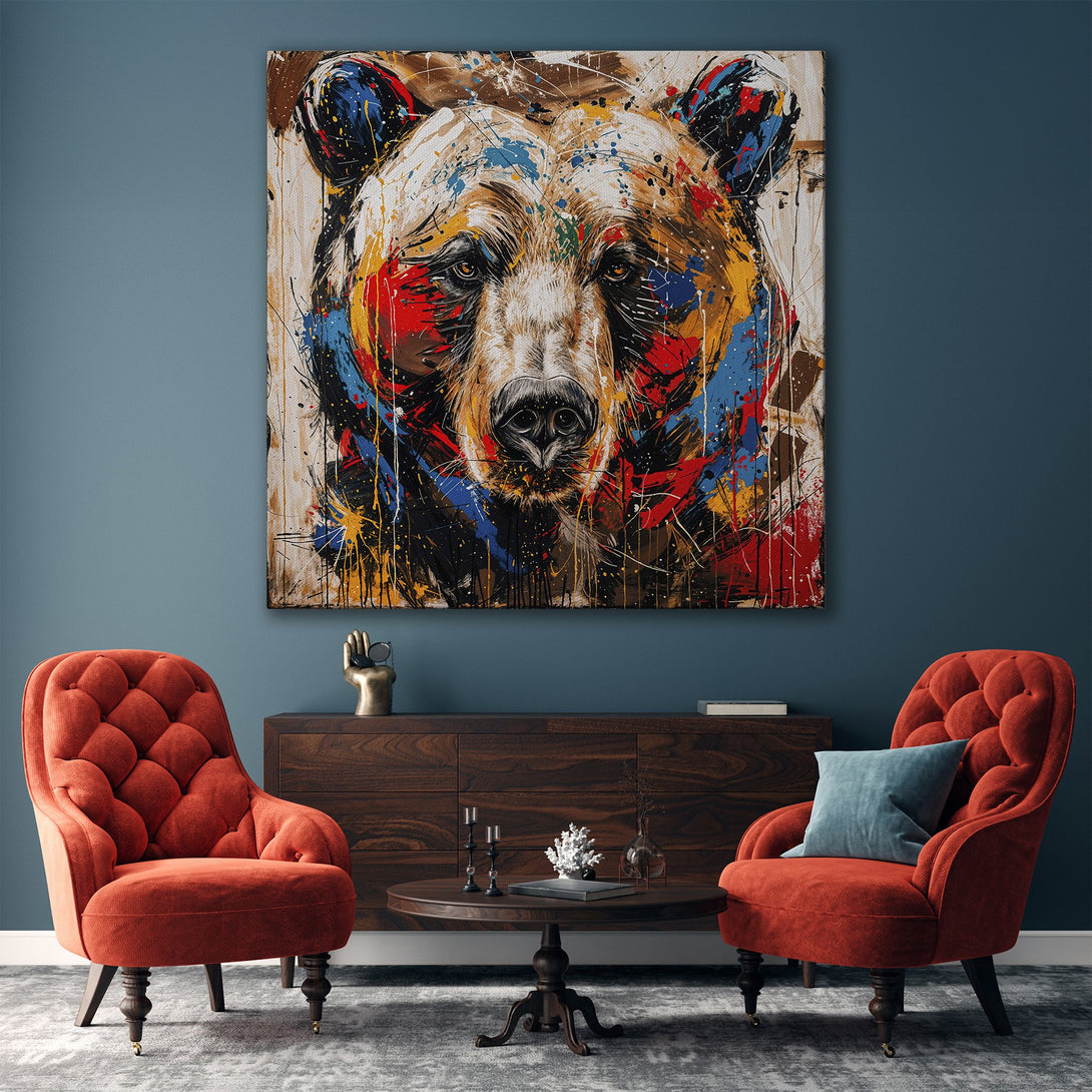 Framed Wall Art featuring a vibrant abstract bear portrait. Colorful splashes of red, blue, and yellow create a modern, eye-catching canvas print for your home.