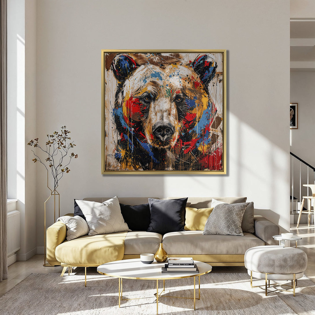 Canvas Print: Bold bear portrait in vibrant, abstract style. Colorful artwork with red, blue, and yellow accents. Perfect for a modern living room.