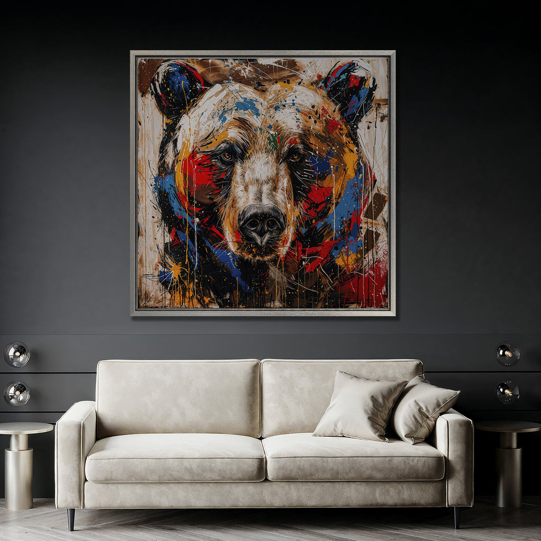 Framed Wall Art of a bear in an abstract style with a vibrant, colorful palette. Modern art for home decor.