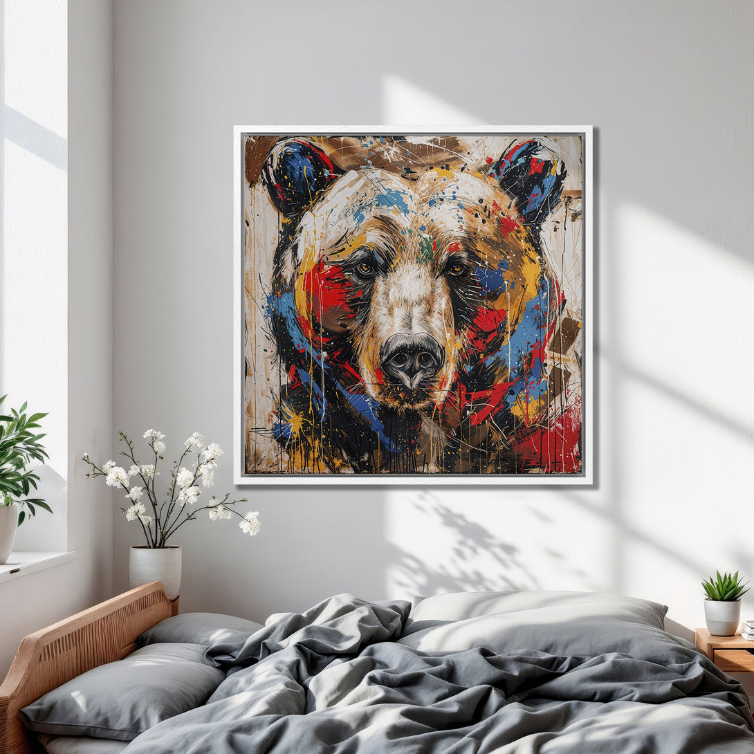Framed Wall Art: Abstract bear portrait with vibrant colors. Modern art canvas print adds a pop of color to any room. Shop now!