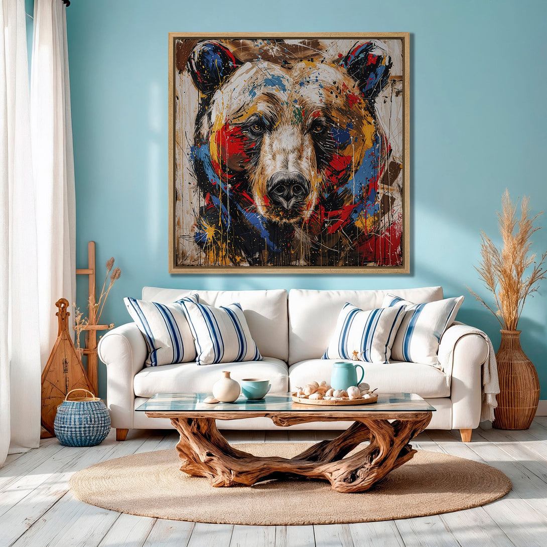 Framed Wall Art: Colorful bear portrait in abstract style. Earthy tones with pops of red, blue & yellow. Perfect for modern living room decor.