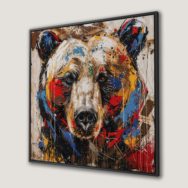 Framed Wall Art featuring a vibrant, abstract bear portrait. Colorful splashes of red, blue, yellow, and brown create a bold statement piece.