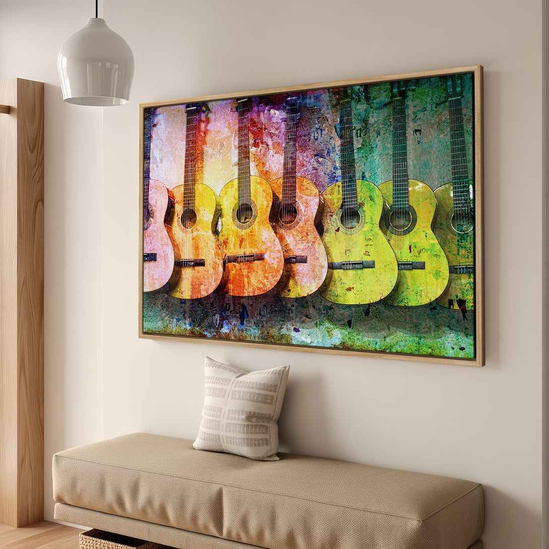 Framed Wall Art featuring colorful guitars. Abstract art with a vibrant, warm palette of yellows, oranges, and greens. Perfect for music lovers!