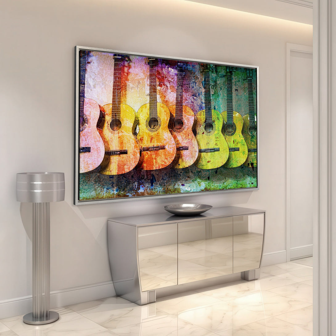 Framed Wall Art featuring colorful guitars in a grunge style. Vibrant reds, yellows, and greens create a unique musical statement for your home decor.