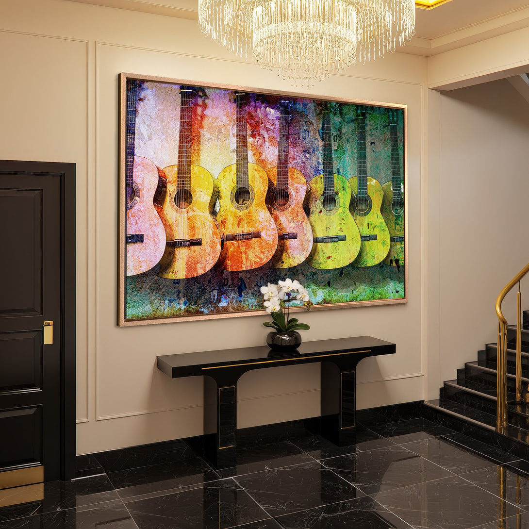 Framed Wall Art: Colorful guitars canvas print. Modern art with a vibrant, warm color palette. Perfect for music lovers!