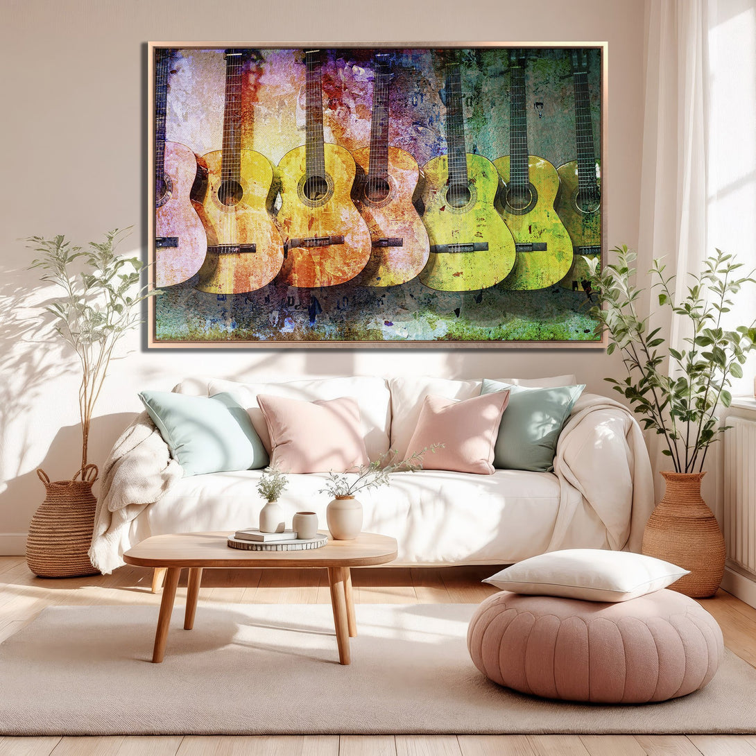 Framed Wall Art featuring colorful guitars in a modern interior. Add a touch of music and art to your space with this vibrant canvas print!